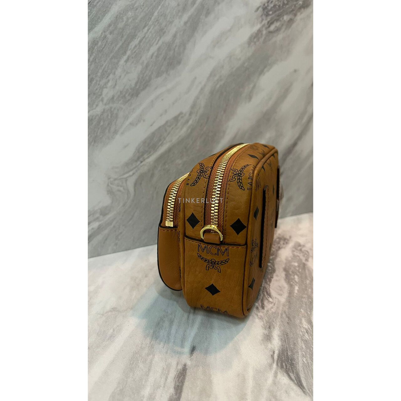 tas sling bag MCM Aren Visetos Mini Logo Cognac Crossbody Bag Tinkerlust